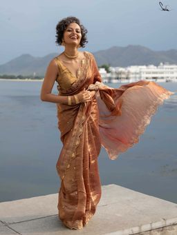 Suta - Women Brown Pure Silk Embroidered Sequined Saree Without Blouse