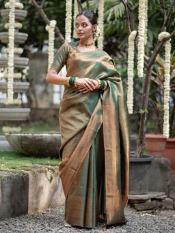 Suta - Women Green Pure Silk Woven Saree with Unstitched Blouse