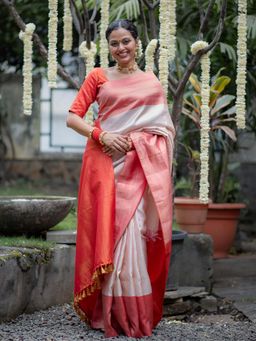 Suta - Women Off White Pure Silk Woven Handloom Saree with Unstitched Blouse