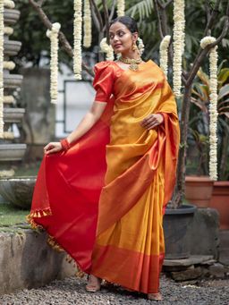 Suta - Women Mustard Pure Silk Woven Handloom Saree with Unstitched Blouse