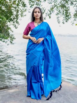 Suta - Women Marine Blue Pure Silk Solid Handloom Saree with Unstitched Blouse