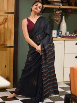 Suta - Women Black Pure Silk Embroidered Thread Work Saree Without Blouse