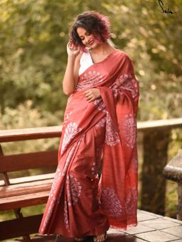 Suta - Women Rust Pure Silk Embroidered Thread Work Saree Without Blouse