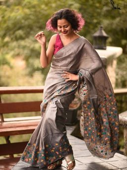 Suta - Women Grey Pure Silk Embroidered Thread Work Saree Without Blouse
