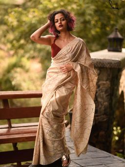 Suta - Women Beige Pure Silk Embroidered Thread Work Saree Without Blouse