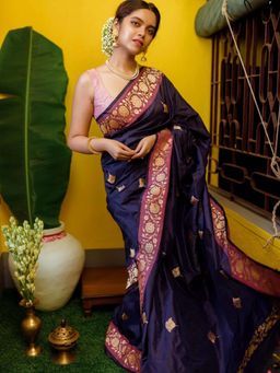 Suta - Women Navy Blue Pure Silk Woven Saree with Unstitched Blouse