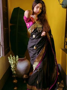 Suta - Women Black Pure Silk Woven Saree with Unstitched Blouse