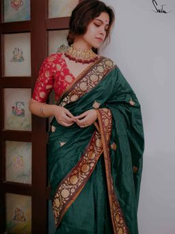 Suta - Women Green Pure Silk Woven Saree with Unstitched Blouse