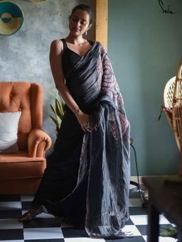 Suta - Women Black Linen Blend Embroidered Saree with Unstitched Blouse