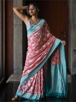 Suta - Women Pink Banarasi Floral Woven Saree with Unstitched Blouse