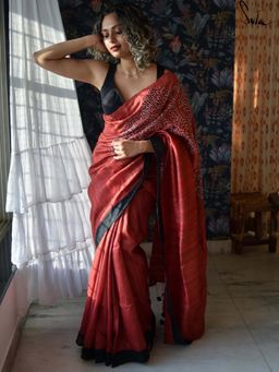 Suta - Women Red Pure Silk Embroidered Saree with Unstitched Blouse