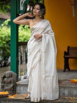 Suta - Women White Cotton Woven Saree with Unstitched Blouse