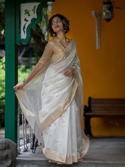 Suta - Women White Cotton Zari Woven Saree with Unstitched Blouse