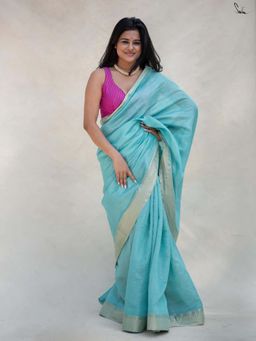 Suta - Women Blue Cotton Stripes Woven Saree Without Blouse