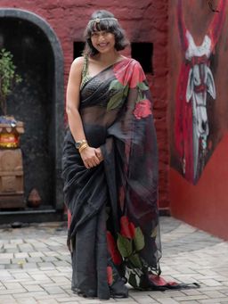 Suta - Women Black Cotton Floral Printed Saree Without Blouse
