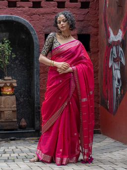 Suta - Women Dark Pink Cotton Woven Saree Without Blouse