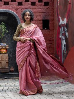 Suta - Women Pink Cotton Woven Saree Without Blouse