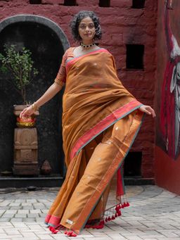 Suta - Women Brown Cotton Woven Saree Without Blouse