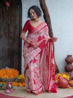 Suta - Women Red Cotton Floral Printed Saree with Unstitched Blouse