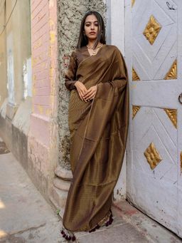 Suta - Women Brown Stripes Woven Handloom Saree Without Blouse