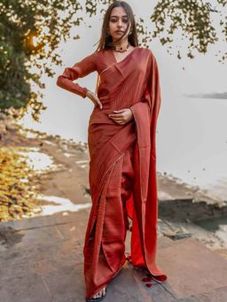 Suta - Women Maroon Stripes Woven Handloom Saree Without Blouse