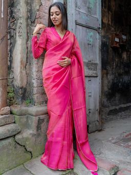 Suta - Women Hot Pink Stripes Woven Handloom Saree Without Blouse