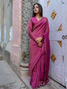 Suta - Women Wine Stripes Woven Handloom Saree Without Blouse