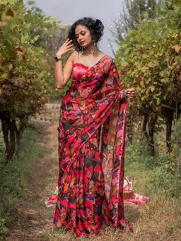 Suta - Women Multi-Color Printed Organza Lace Work Border Saree with Unstitched Blouse