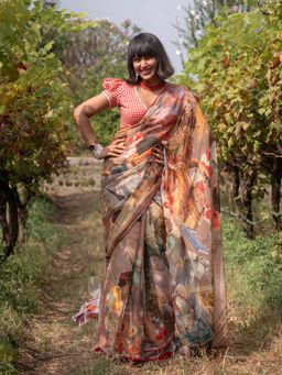 Suta - Women Beige Printed Organza Lace Work Border Saree with Unstitched Blouse