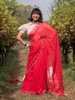 Suta - Women Red Organza Embroidered Saree with Unstitched Blouse