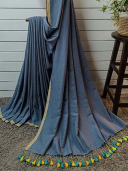 Suta - Women Dusky Blue Cotton Handloom Saree with Unstitched Blouse