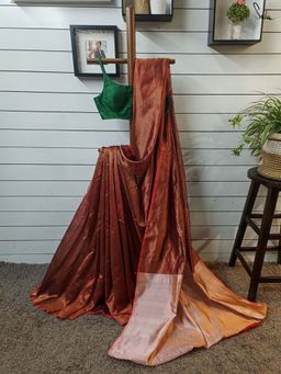 Suta - Women Rust Pure Silk Stripes Handloom Saree with Unstitched Blouse