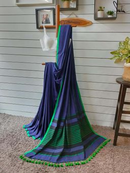 Suta - Women Navy Blue Cotton Woven Saree Without Blouse