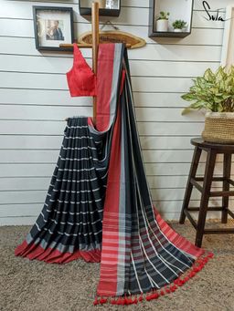 Suta - Women Black Cotton Stripes Handloom Saree Without Blouse
