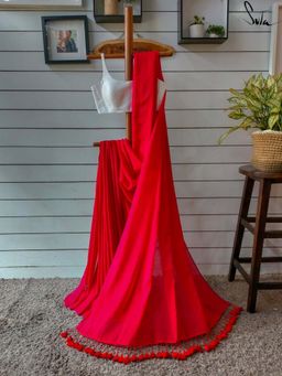 Suta - Women Red Cotton Solid Plain Saree Without Blouse