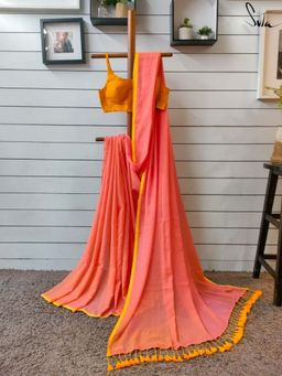 Suta - Women Orange Cotton Solid Plain Saree Without Blouse