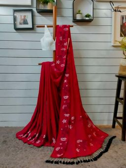 Suta - Women Red Cotton Floral Woven Saree with Unstitched Blouse