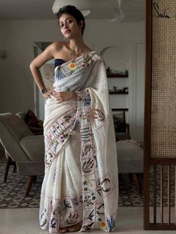 Suta - Women Off White Cotton Embroidered Sequined Saree Without Blouse
