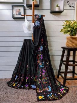 Suta - Women Black Cotton Embroidered Sequined Saree Without Blouse