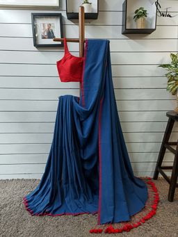 Suta - Women Navy Blue Cotton Solid Saree Without Blouse