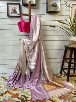 Suta - Women Silver Pure Silk Zari Woven Saree with Unstitched Blouse