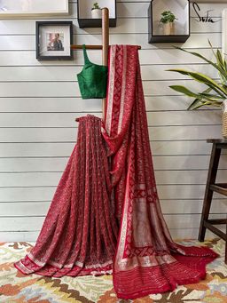 Suta - Women Maroon Pure Silk Woven Bandhani Saree with Unstitched Blouse