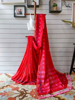 Suta - Women Red Cotton Woven Saree Without Blouse