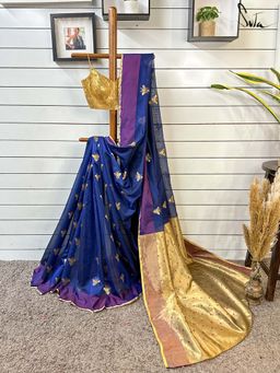 Suta - Women Navy Blue Pure Silk Zari Woven Saree Without Blouse