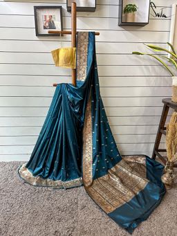Suta - Women Teal Pure Silk Zari Woven Saree with Unstitched Blouse
