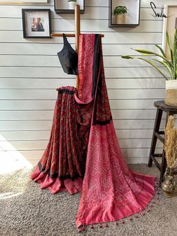 Suta - Women Maroon Pure Silk Printed Saree with Unstitched Blouse