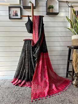 Suta - Women Black Pure Silk Floral Printed Saree with Unstitched Blouse