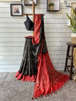 Suta - Women Black Pure Silk Bandhani Printed Saree with Unstitched Blouse