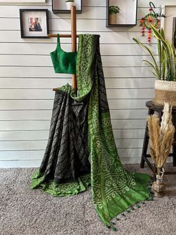 Suta - Women Black and Green Pure Silk Bandhani Printed Saree with Unstitched Blouse