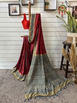 Suta - Women Red Pure Silk Bandhani Printed Saree with Unstitched Blouse